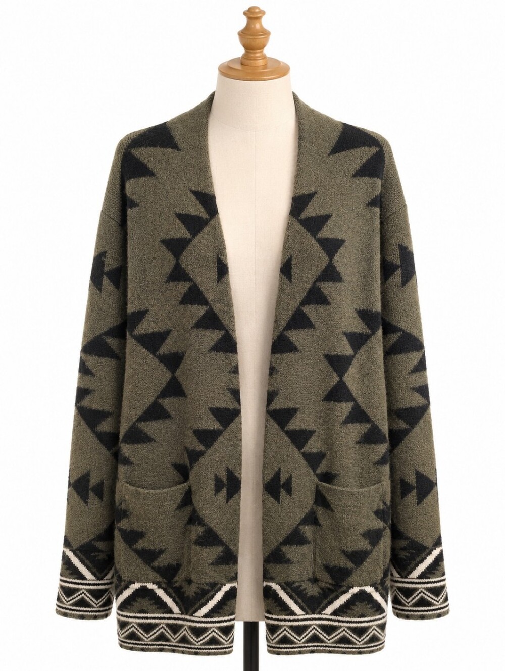FRYE The Cozy Cardigan Sweater Size M Olive Green Black Tribal Geometric Boho